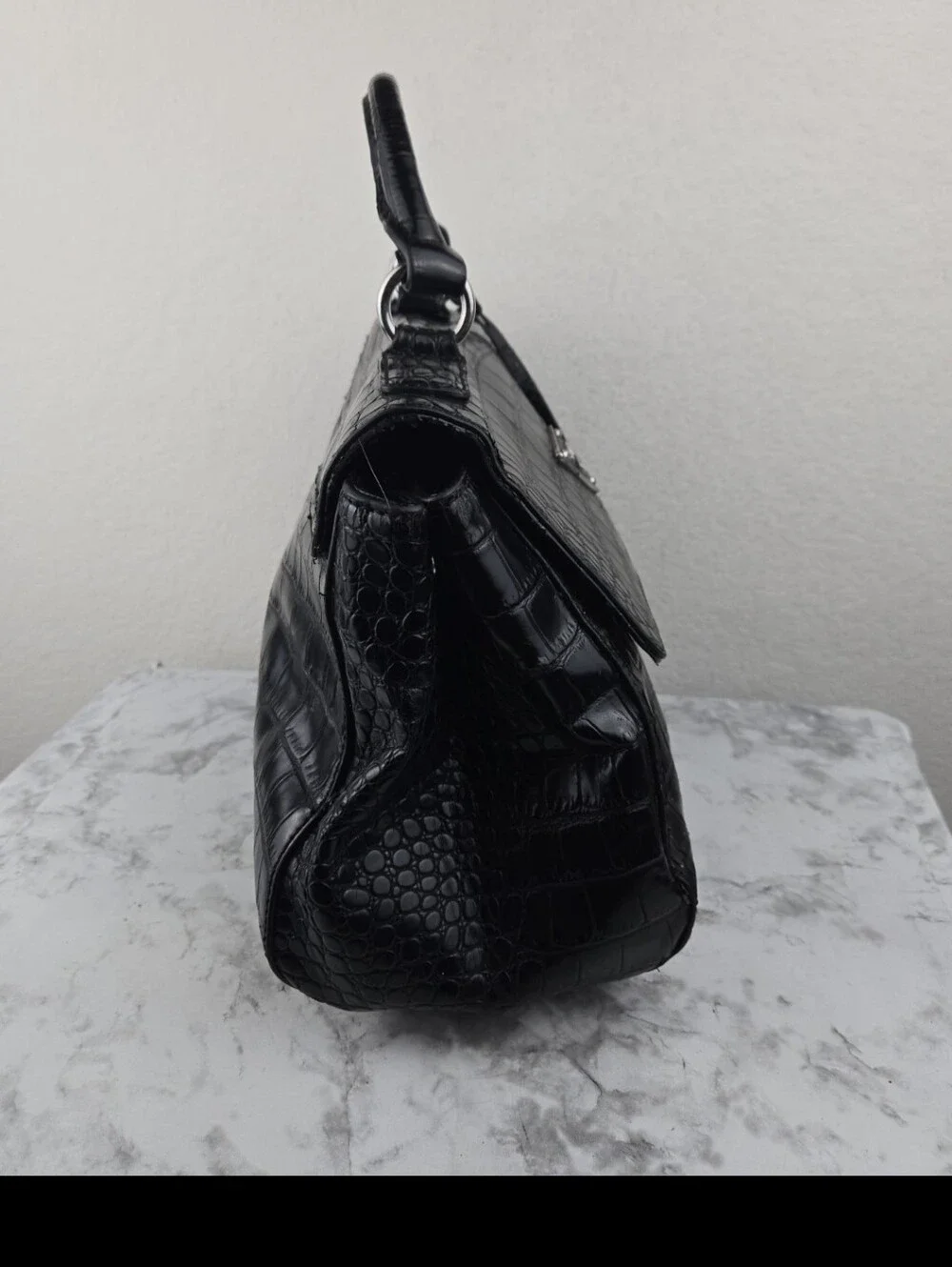 GUESS Black Croc-Embossed Top Handle Satchel with Charm